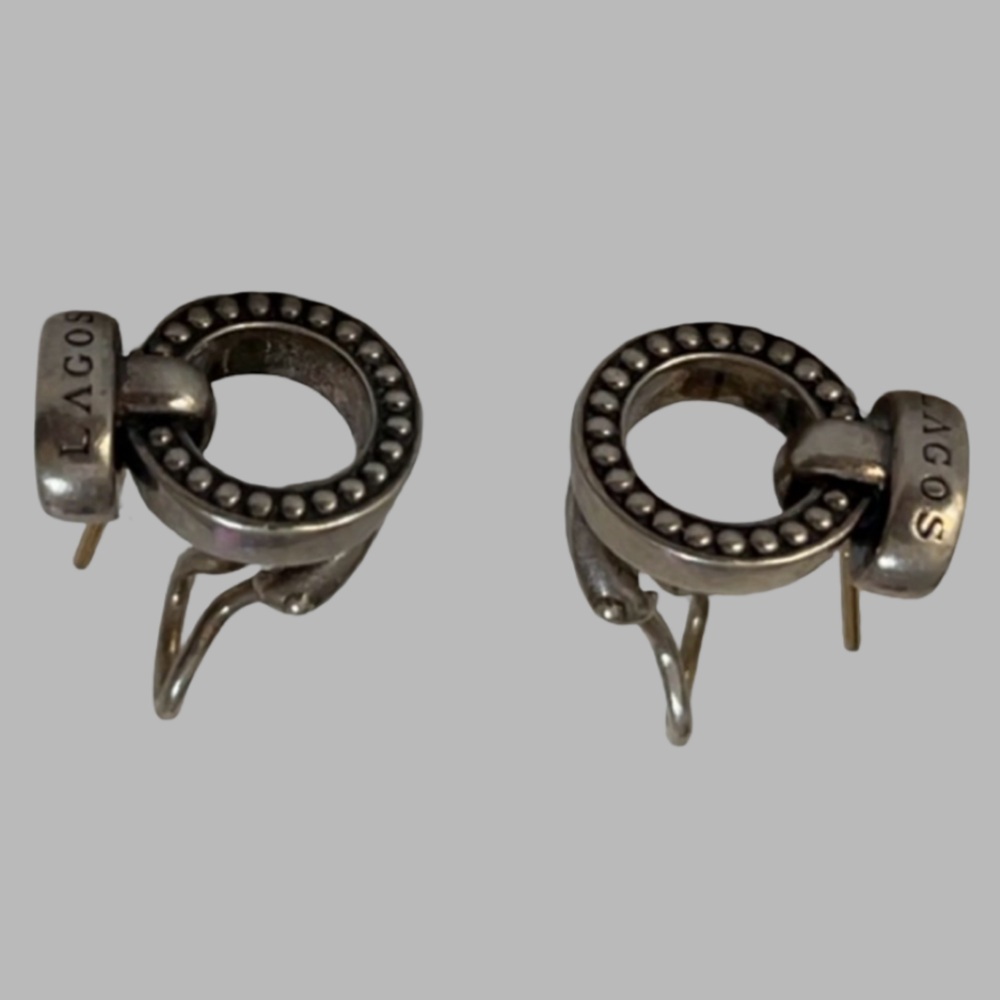 Sterling silver Caviar beaded circle earrings with a bar that details the LAGOS - Picture 9 of 9